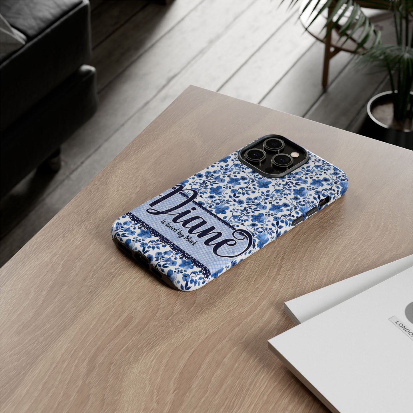 Personalised phone tough case - blue cottagecore floral design