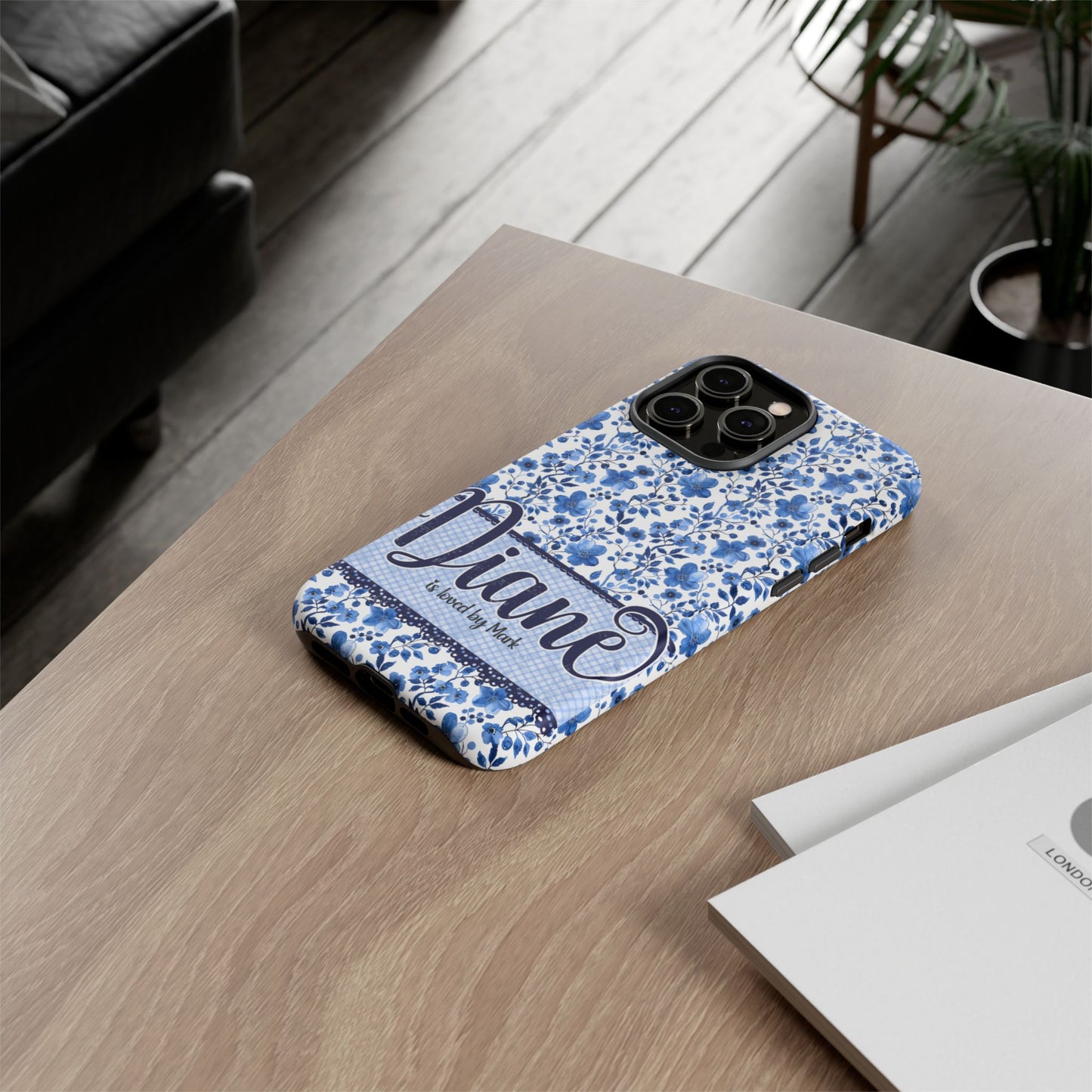 Personalised phone tough case - blue cottagecore floral design