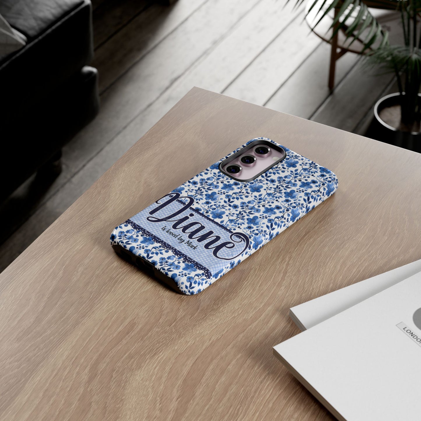 Personalised phone tough case - blue cottagecore floral design