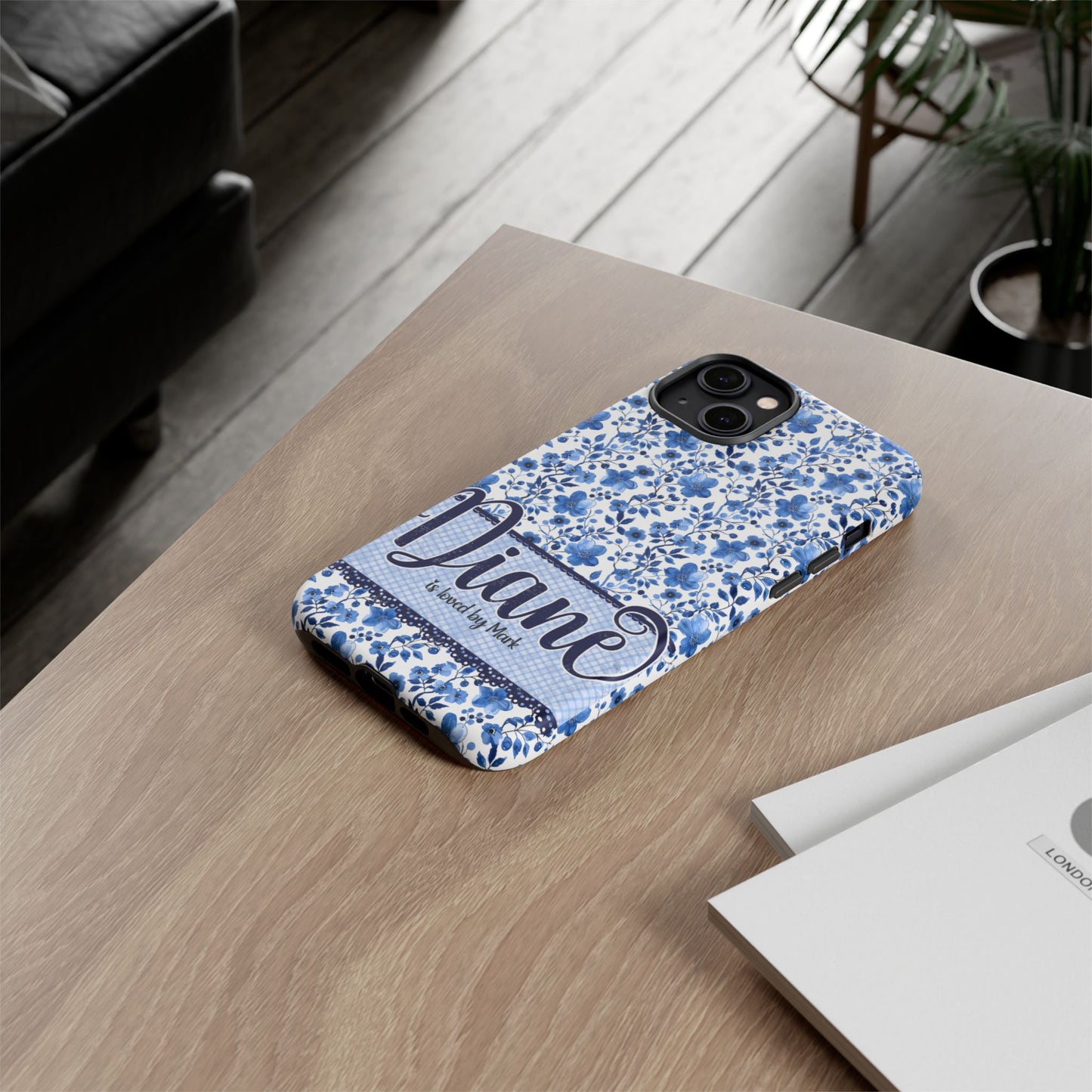 Personalised phone tough case - blue cottagecore floral design