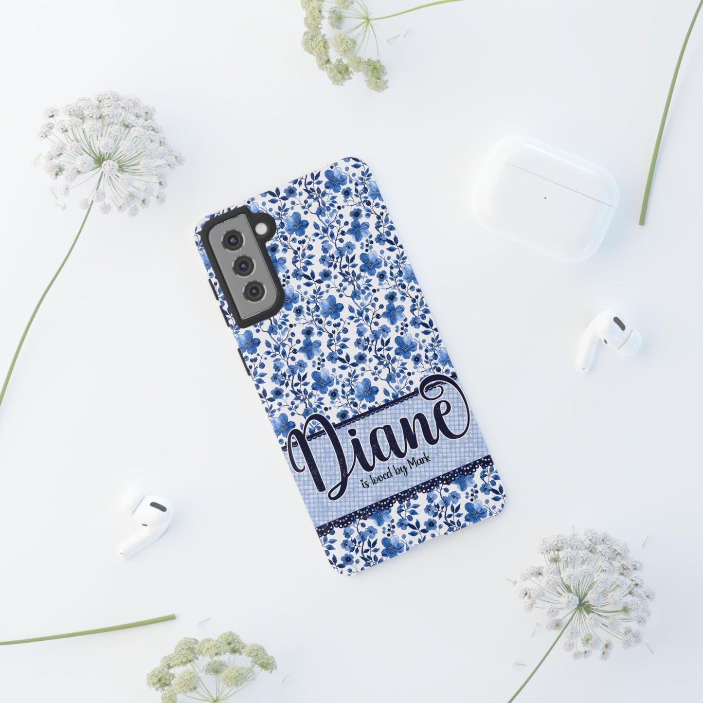 Personalised phone tough case - blue cottagecore floral design
