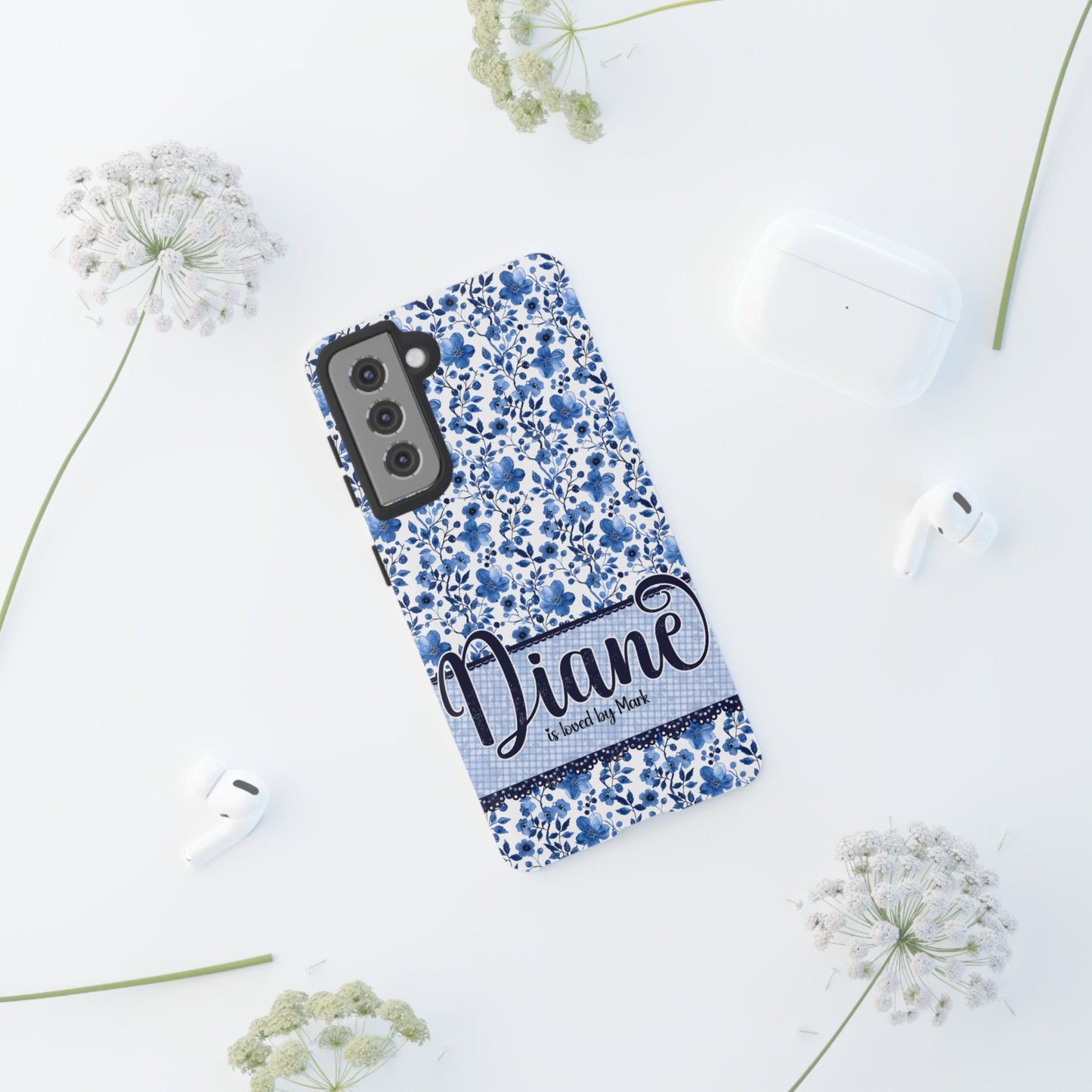 Personalised phone tough case - blue cottagecore floral design