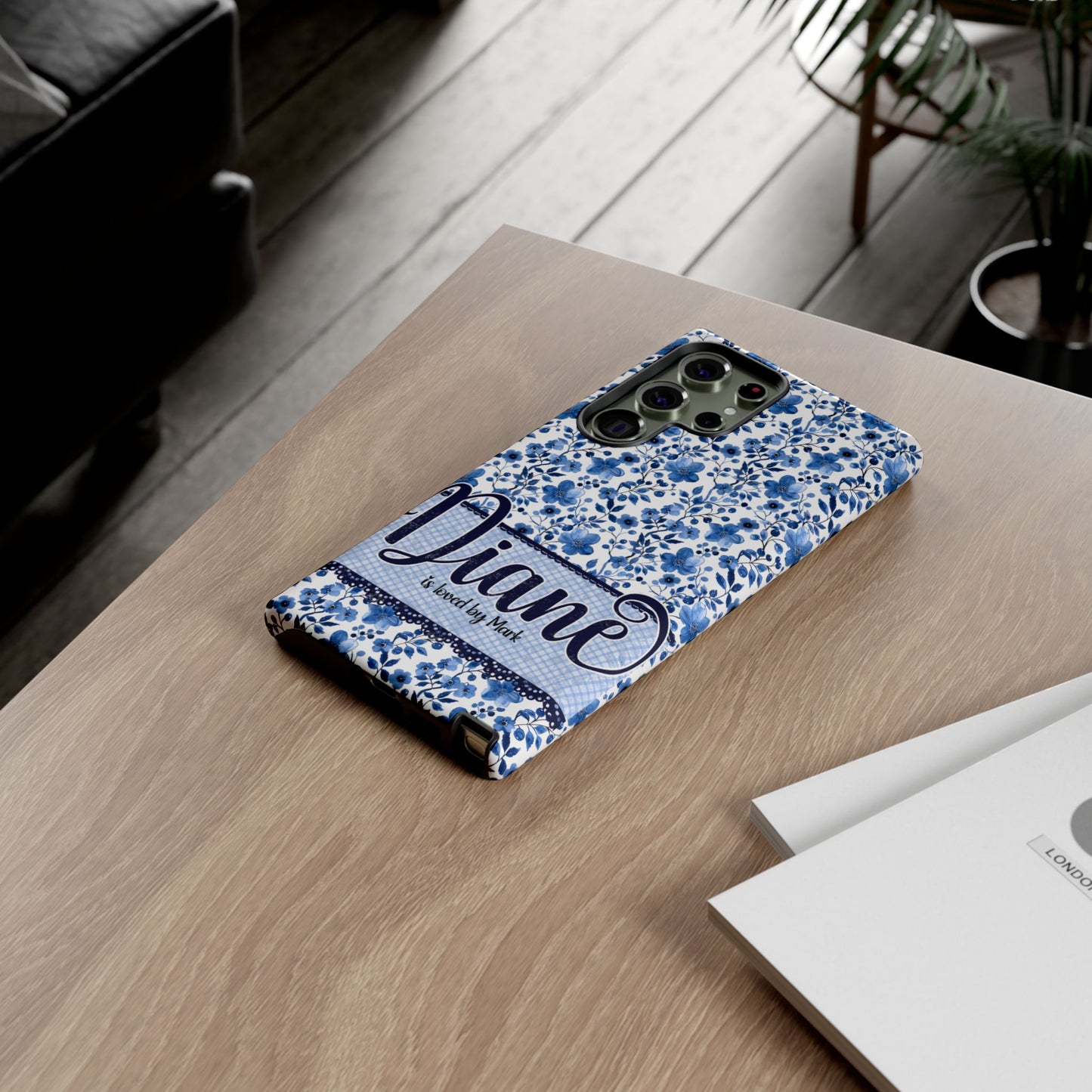 Personalised phone tough case - blue cottagecore floral design