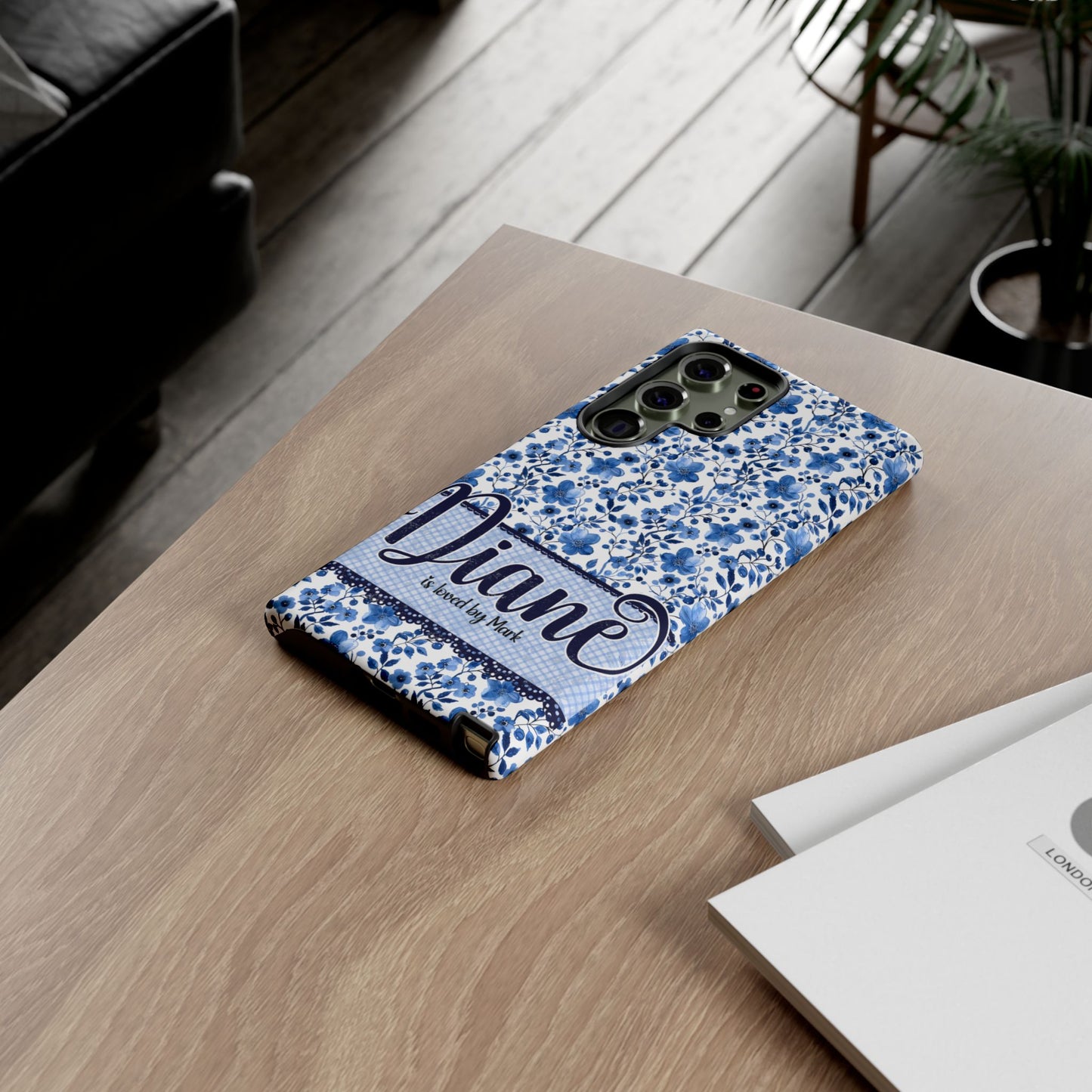 Personalised phone tough case - blue cottagecore floral design