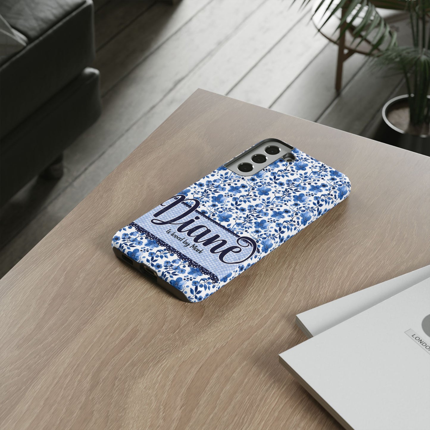 Personalised phone tough case - blue cottagecore floral design