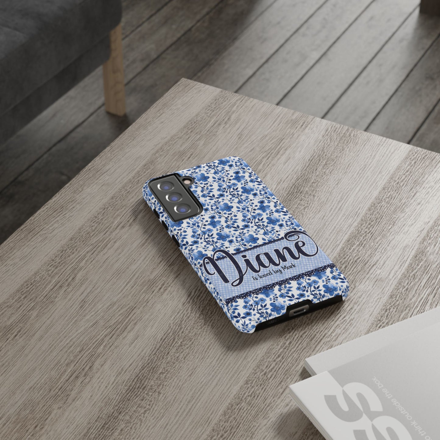 Personalised phone tough case - blue cottagecore floral design