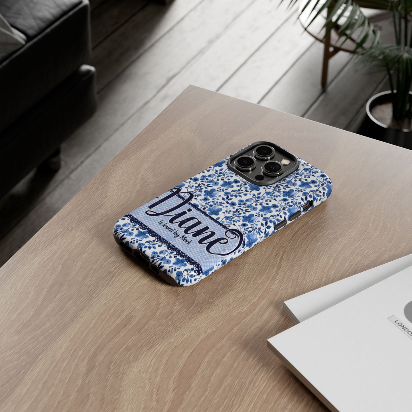 Personalised phone tough case - blue cottagecore floral design