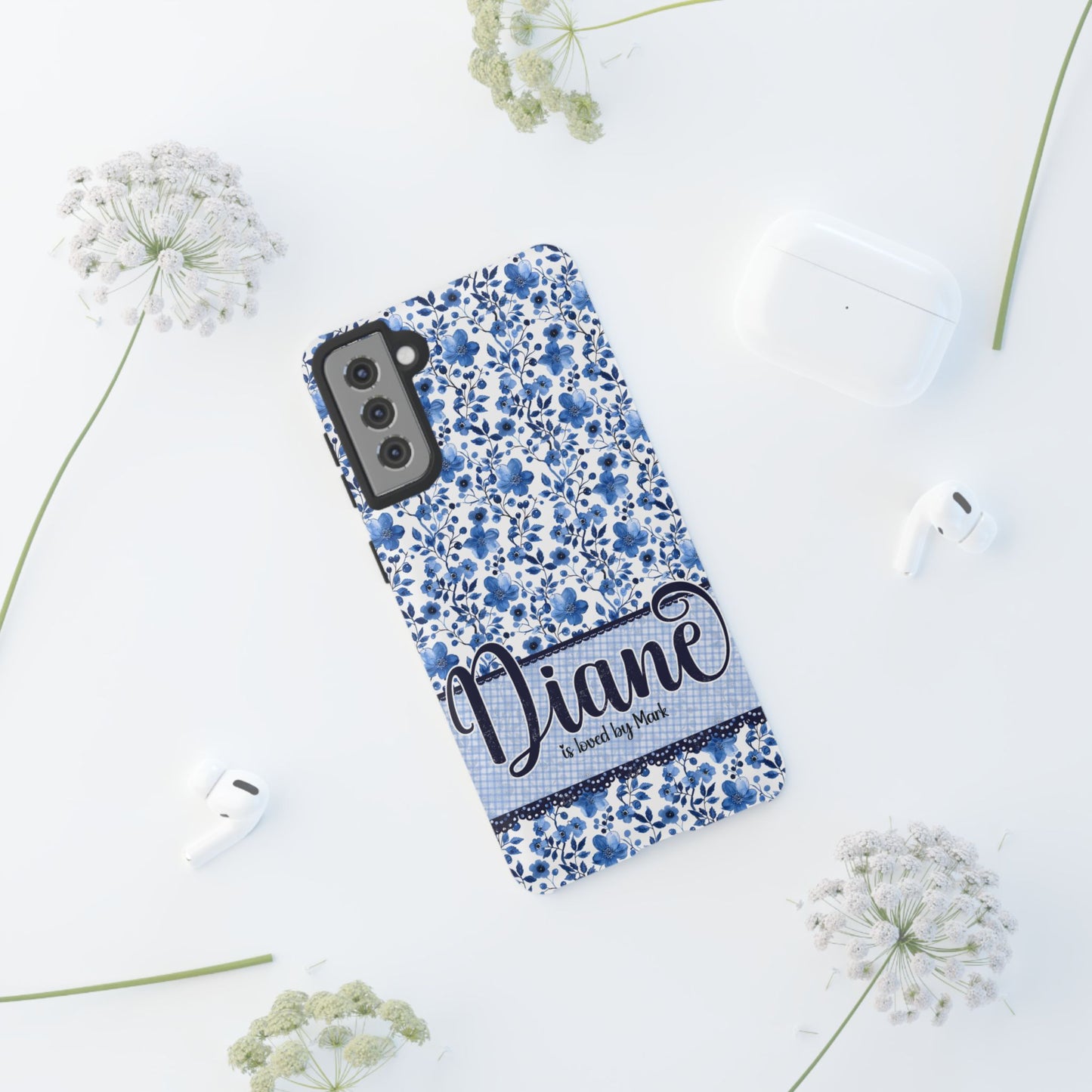Personalised phone tough case - blue cottagecore floral design
