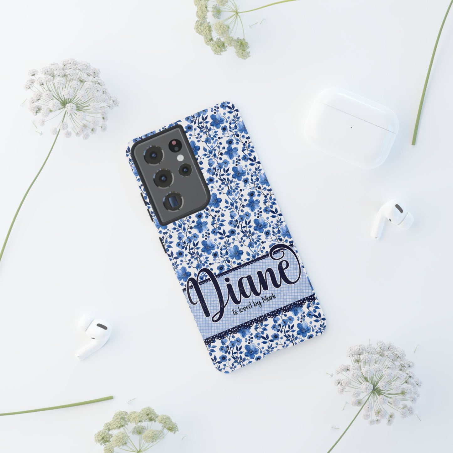 Personalised phone tough case - blue cottagecore floral design