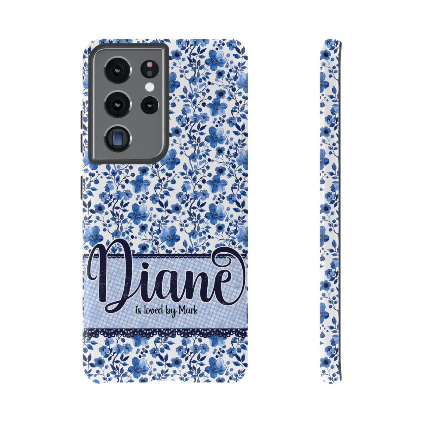 Personalised custom phone tough case, blue floral design