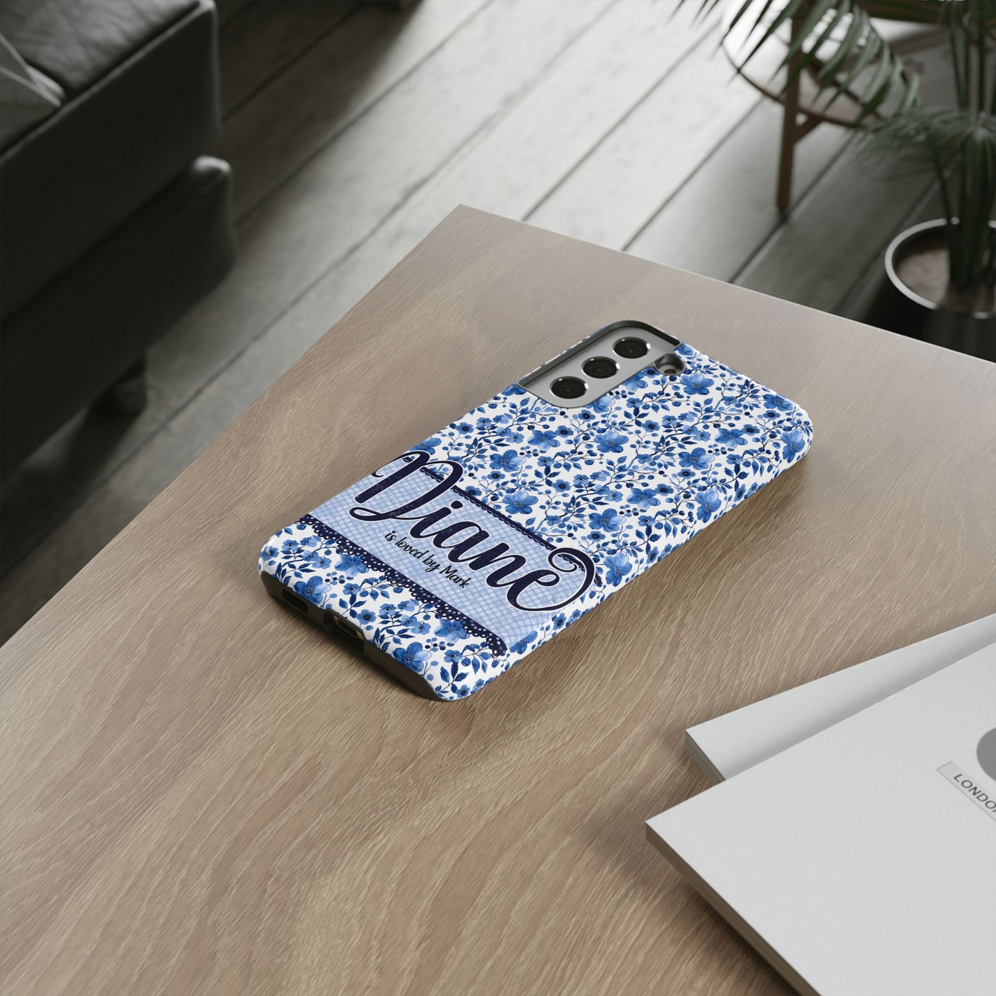 Personalised phone tough case - blue cottagecore floral design