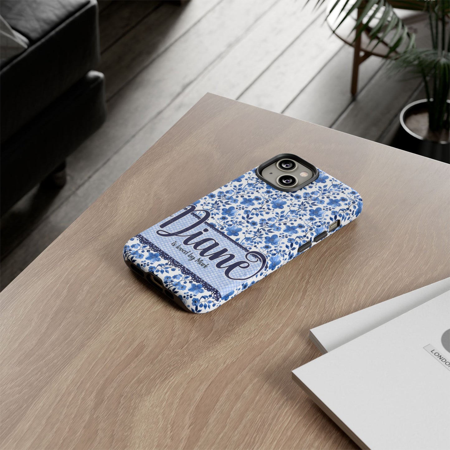 Personalised phone tough case - blue cottagecore floral design