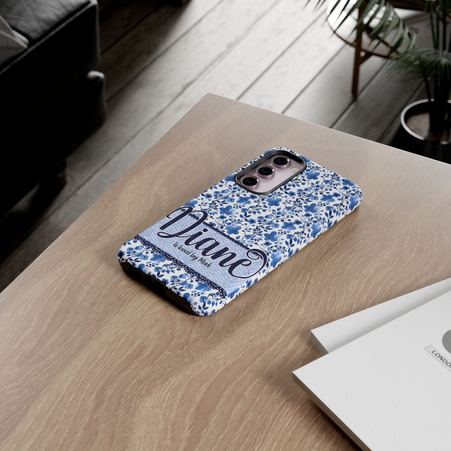 Personalised phone tough case - blue cottagecore floral design