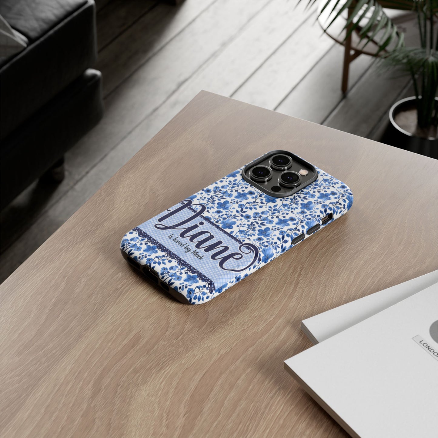 Personalised phone tough case - blue cottagecore floral design