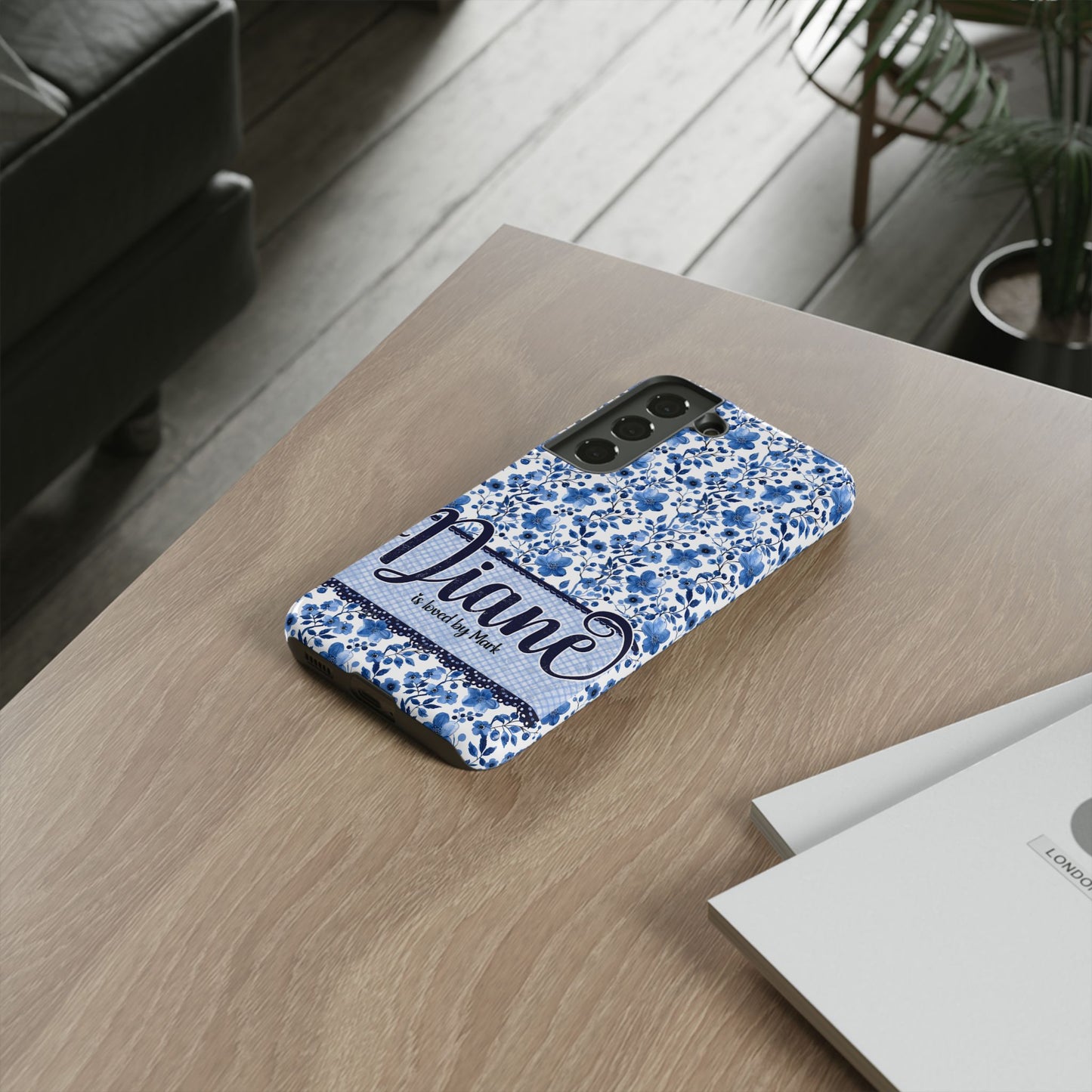 Personalised phone tough case - blue cottagecore floral design
