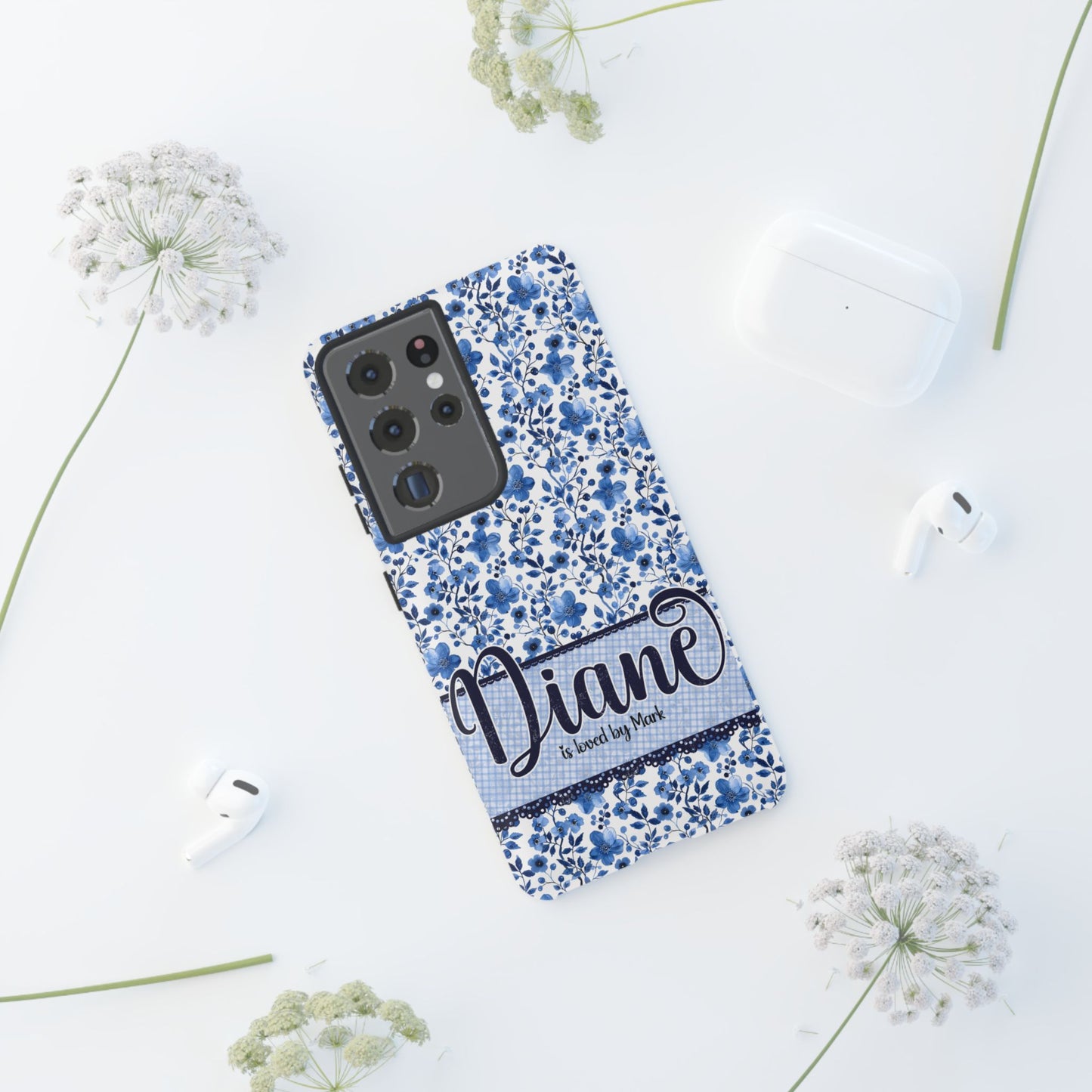 Personalised phone tough case - blue cottagecore floral design