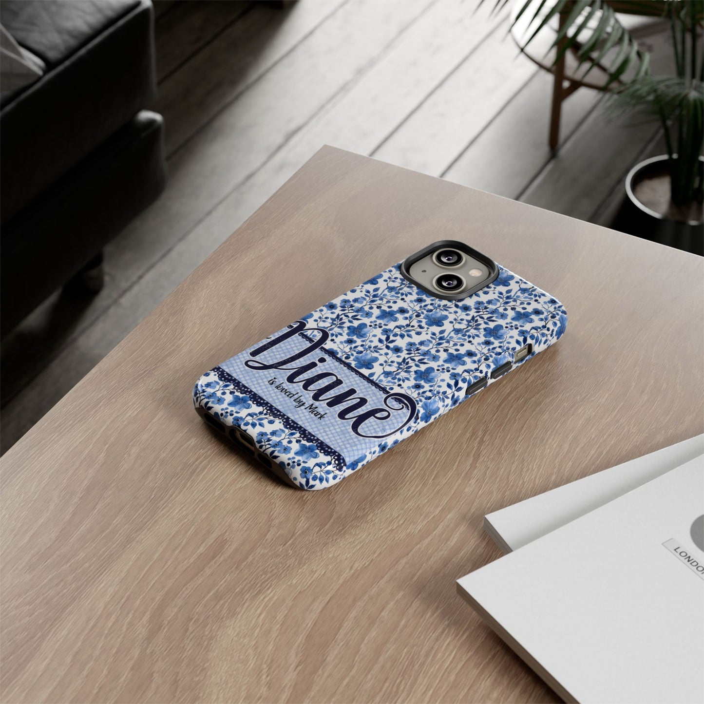 Personalised phone tough case - blue cottagecore floral design