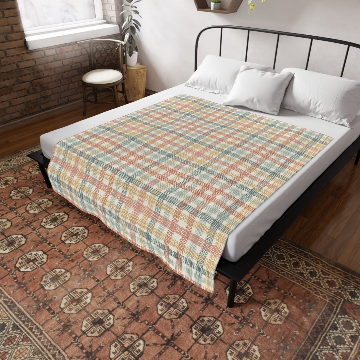 Native Patches collection design - plush fleece throw blanket, super soft vintage cottagecore aesthetic - Solei Designs
