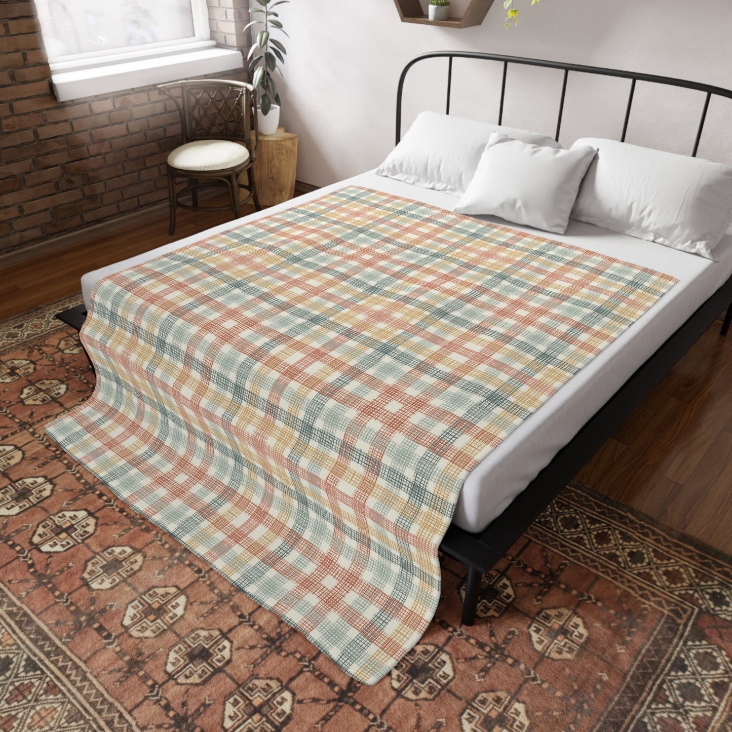 Native Patches collection design - plush fleece throw blanket, super soft vintage cottagecore aesthetic - Solei Designs