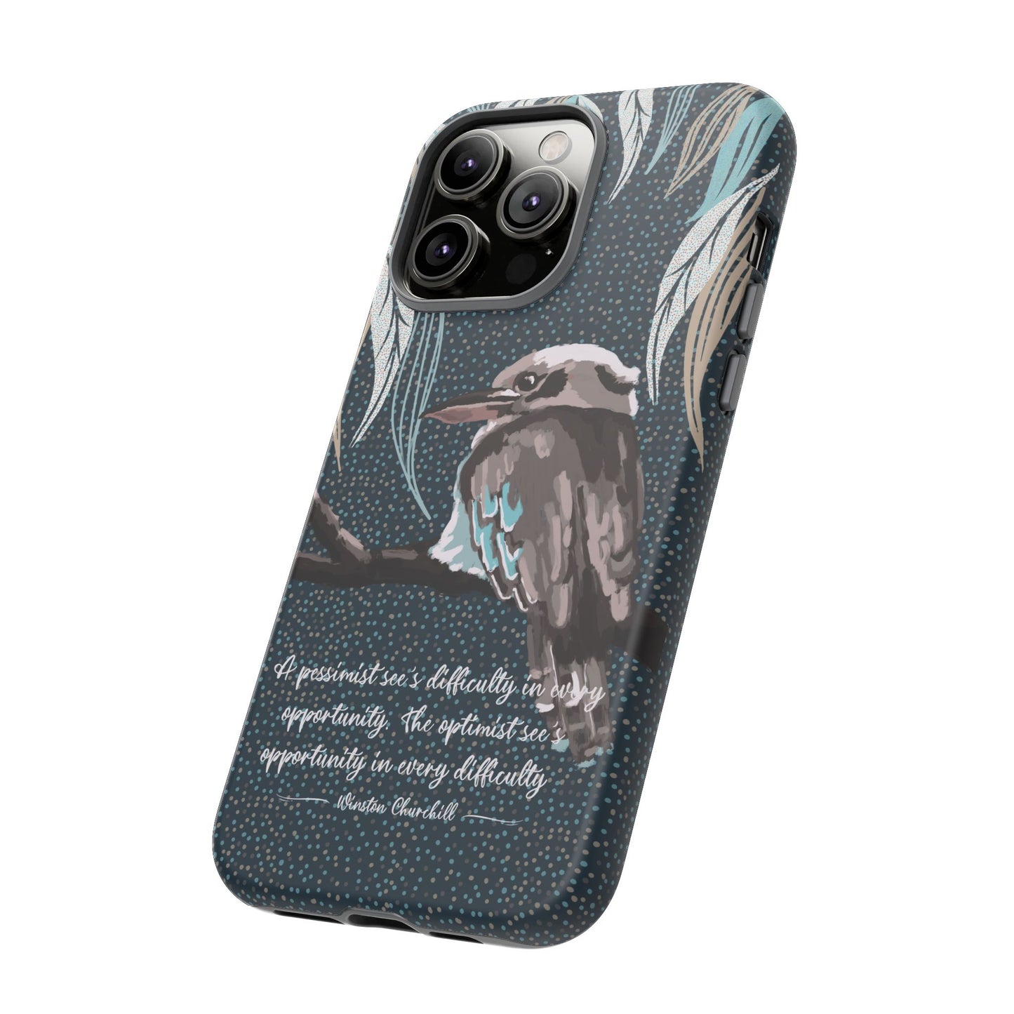 Phone tough case with hand drawn artwork and personalised text - Kookaburra design