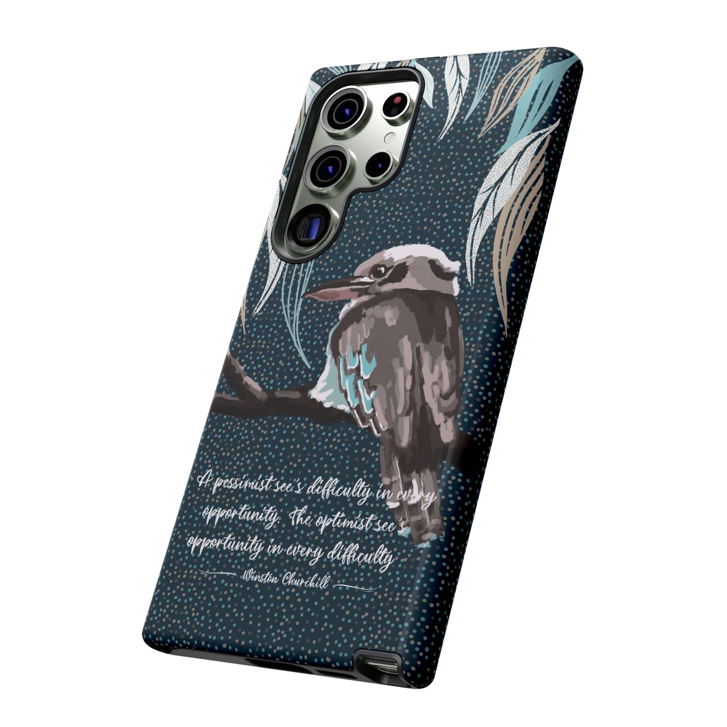 Phone tough case with hand drawn artwork and personalised text - Kookaburra design