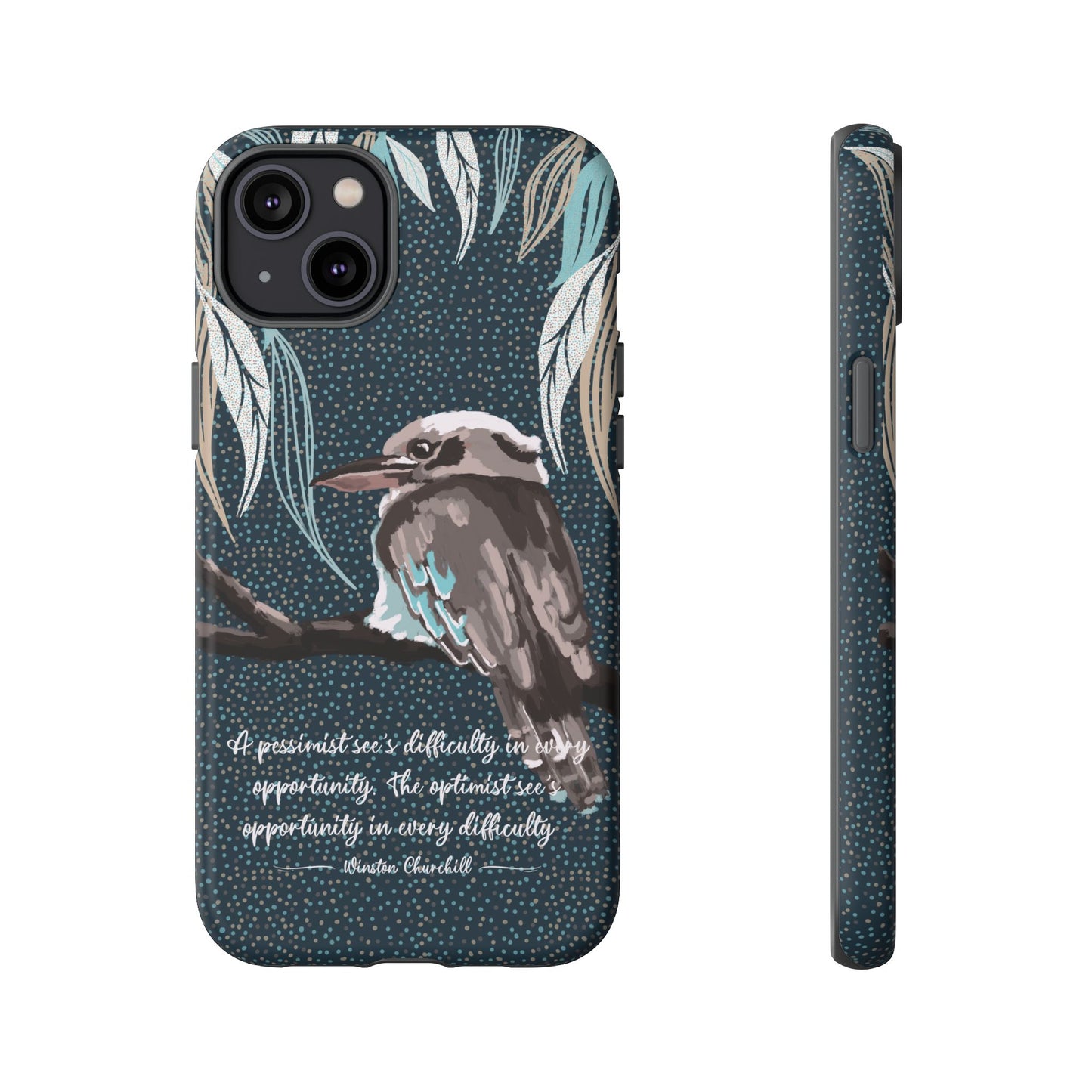 Phone tough case with hand drawn artwork and personalised text - Kookaburra design