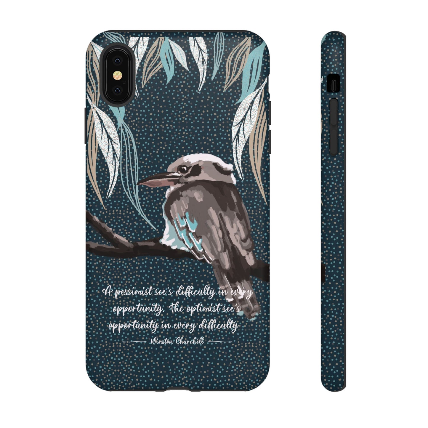 Phone tough case with hand drawn artwork and personalised text - Kookaburra design