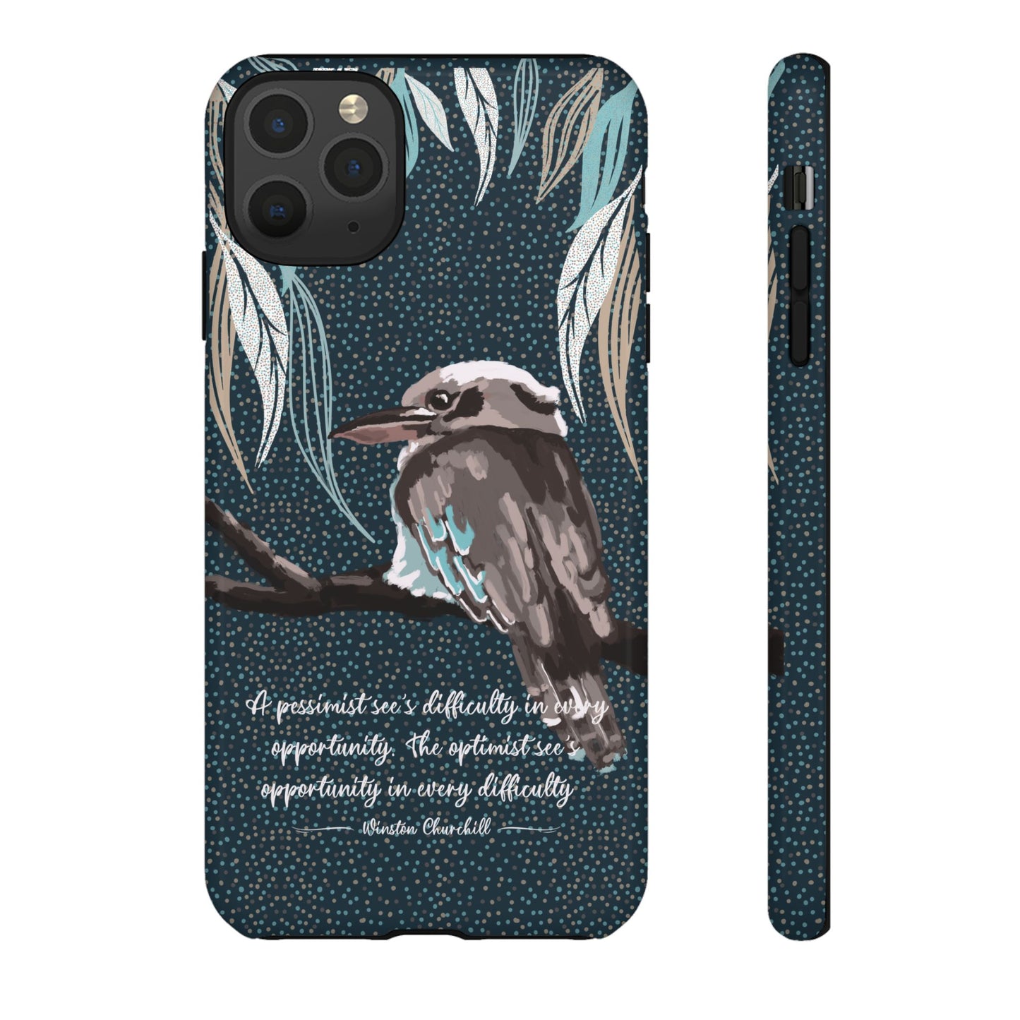 Phone tough case with hand drawn artwork and personalised text - Kookaburra design