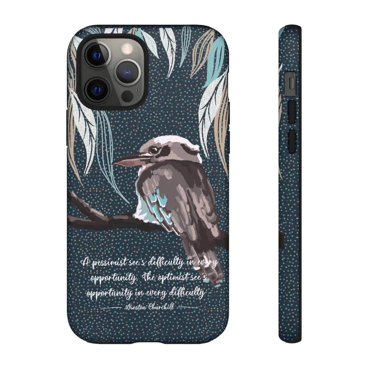 Phone tough case with hand drawn artwork and personalised text - Kookaburra design