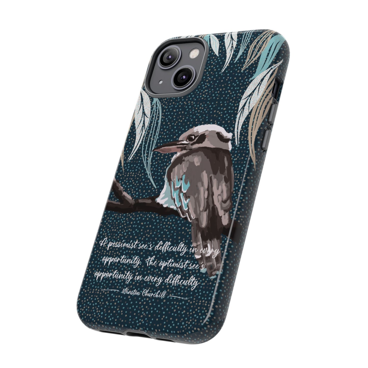 Phone tough case with hand drawn artwork and personalised text - Kookaburra design