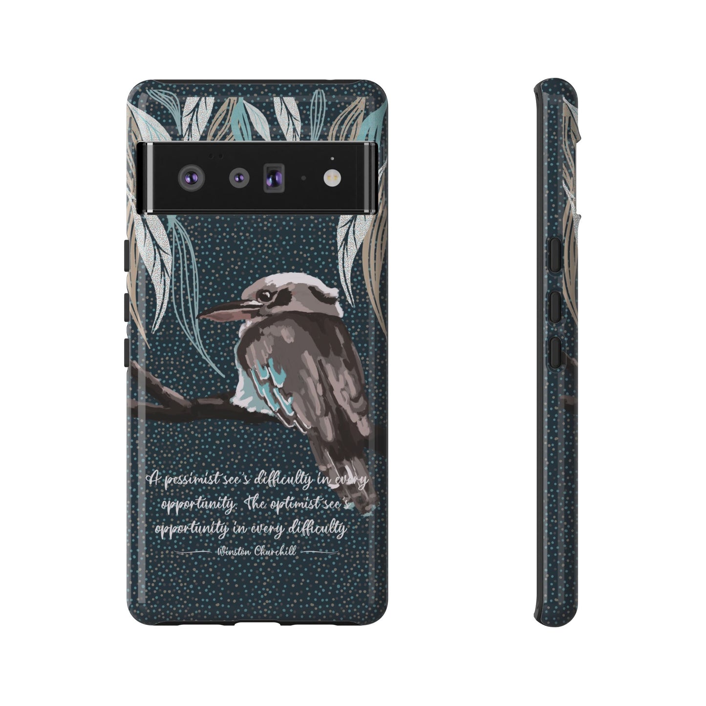 Phone tough case with hand drawn artwork and personalised text - Kookaburra design