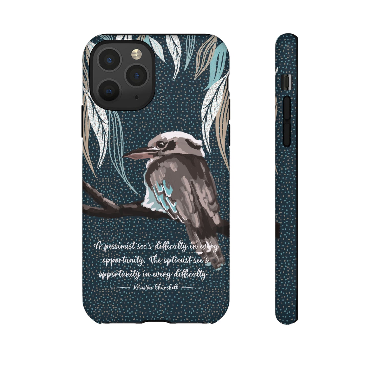 Phone tough case with hand drawn artwork and personalised text - Kookaburra design