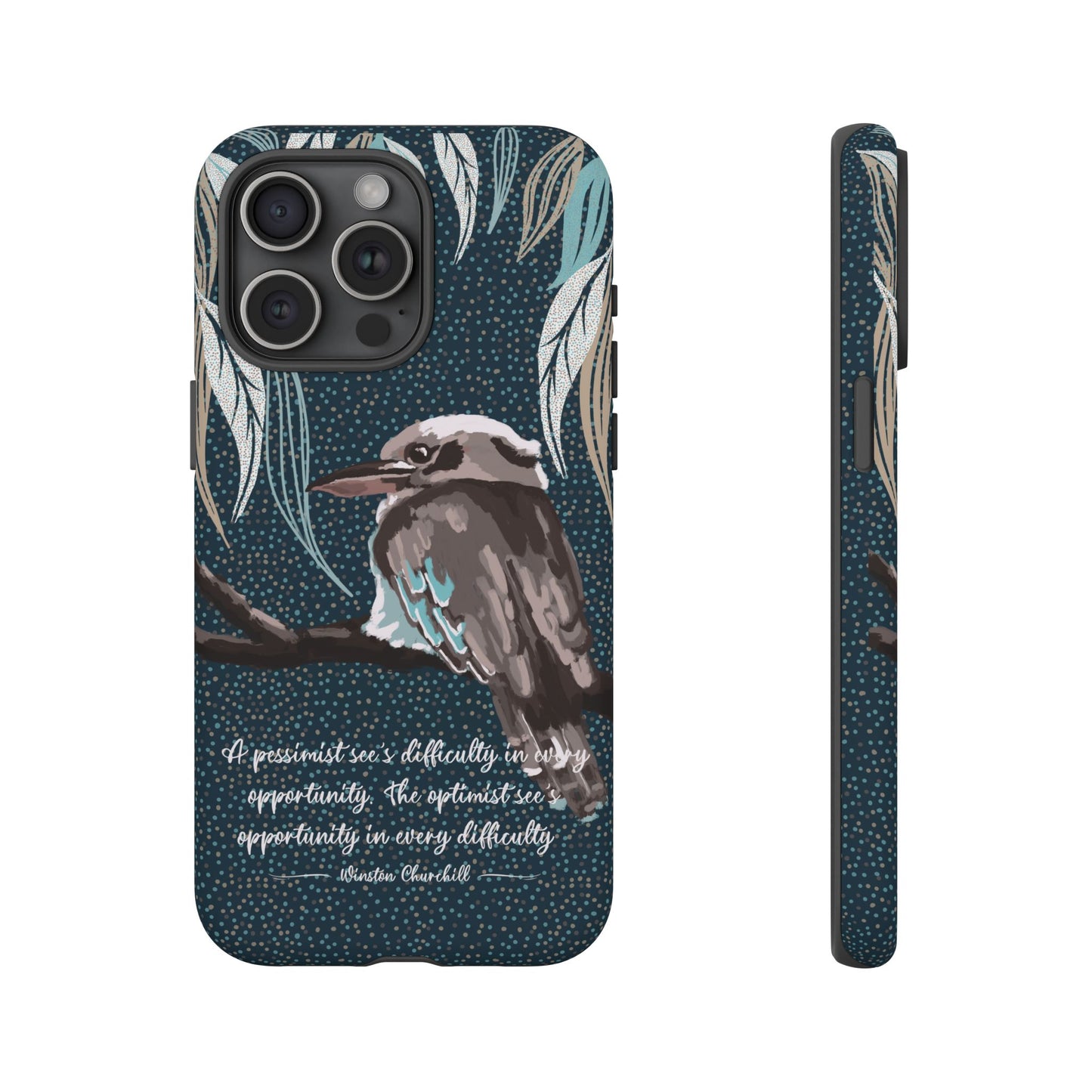 Phone tough case with hand drawn artwork and personalised text - Kookaburra design