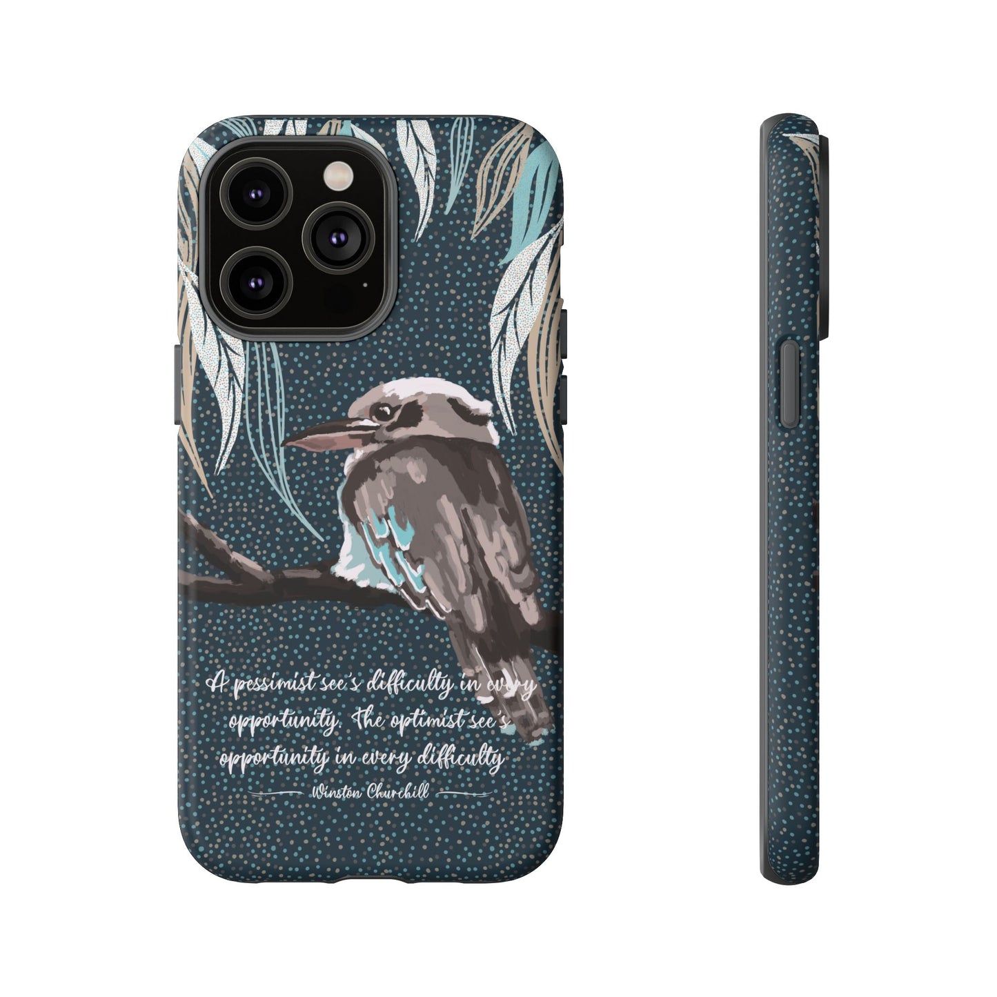 Phone tough case with hand drawn artwork and personalised text - Kookaburra design