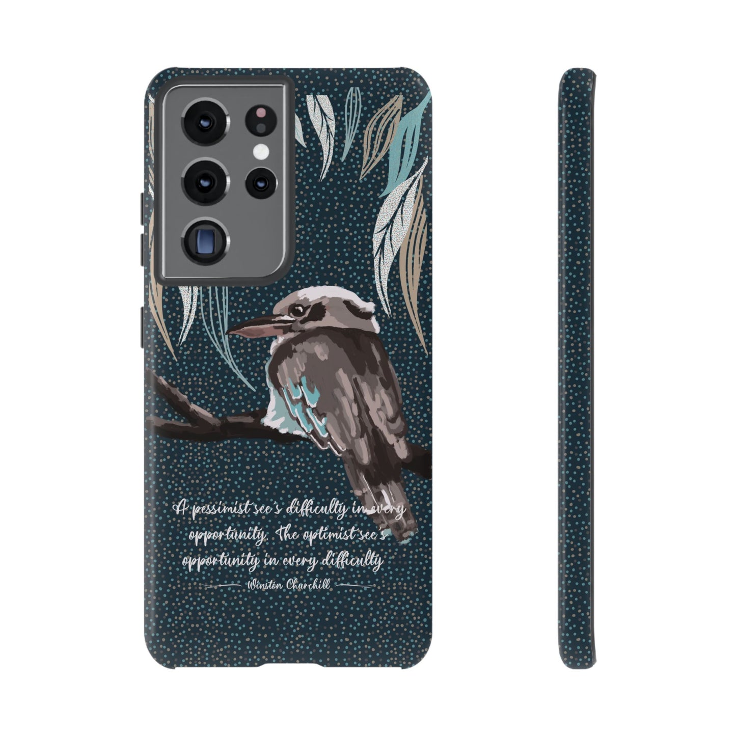 Phone tough case with hand drawn artwork and personalised text - Kookaburra design