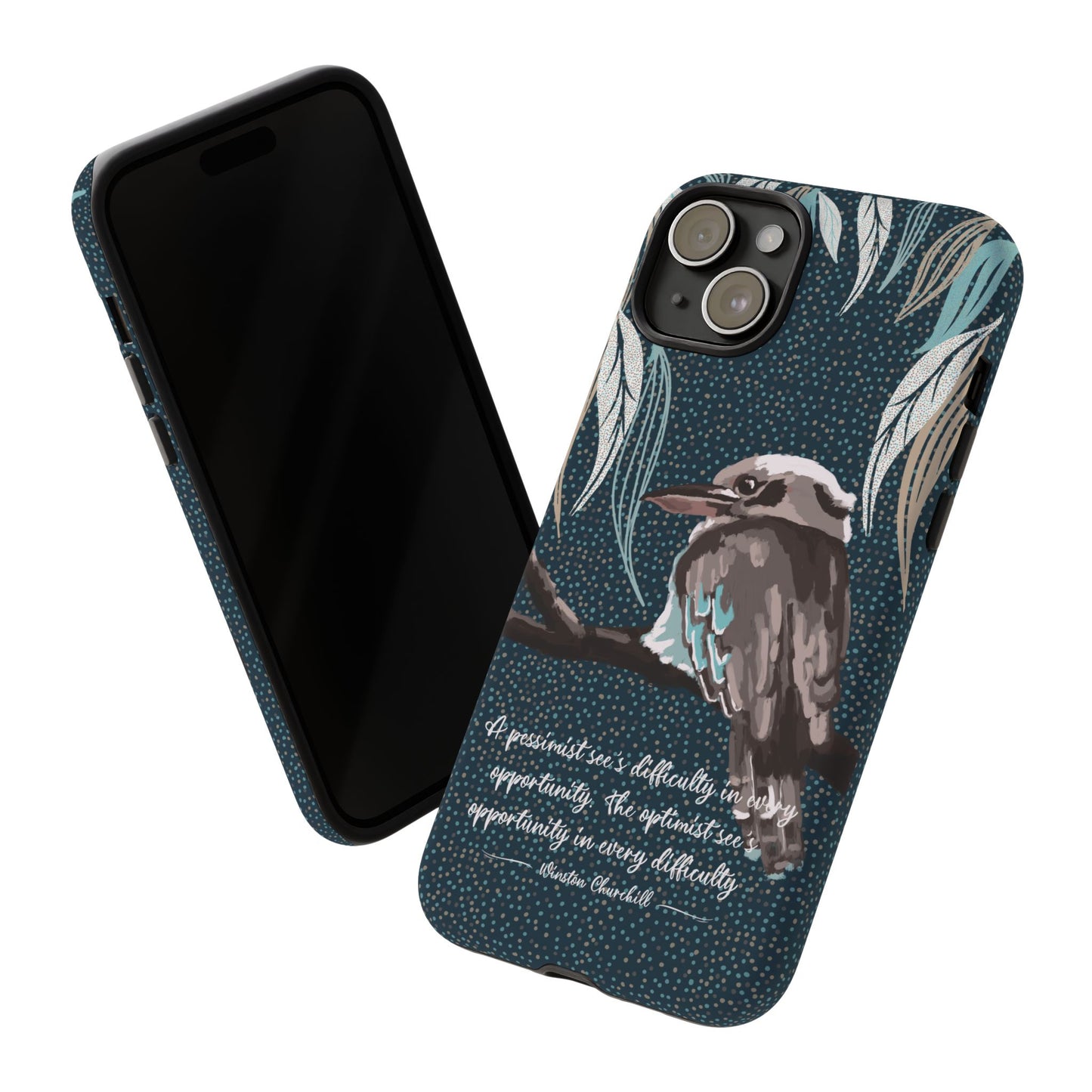 Phone tough case with hand drawn artwork and personalised text - Kookaburra design