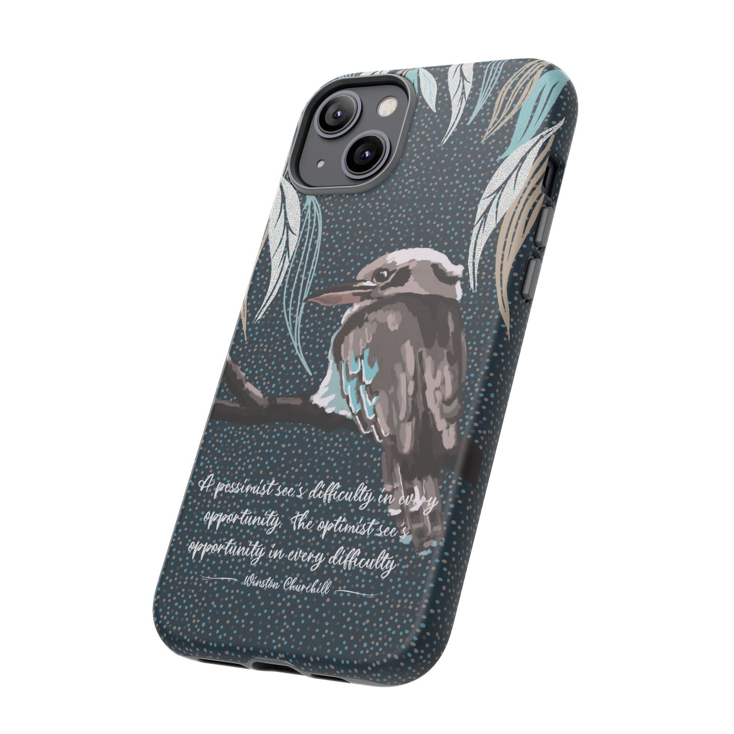 Phone tough case with hand drawn artwork and personalised text - Kookaburra design