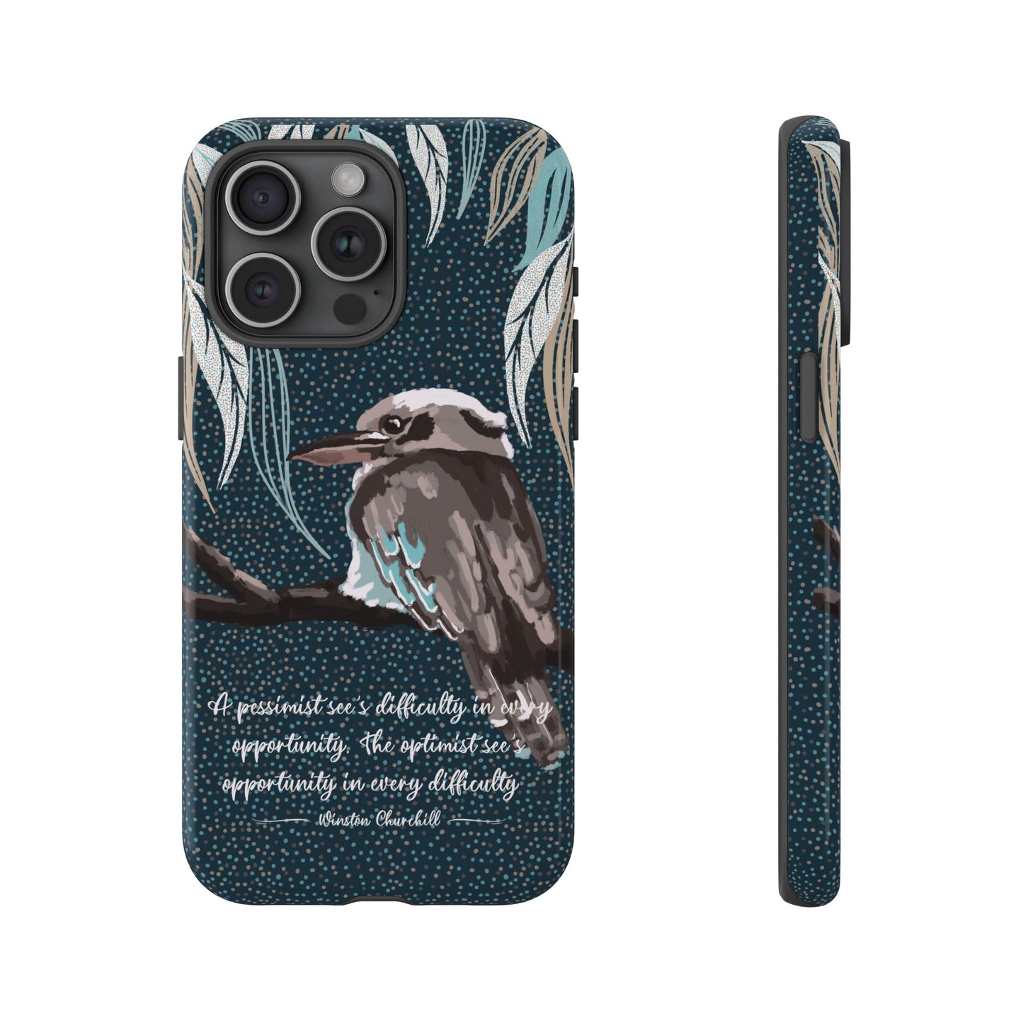 Phone tough case with hand drawn artwork and personalised text - Kookaburra design