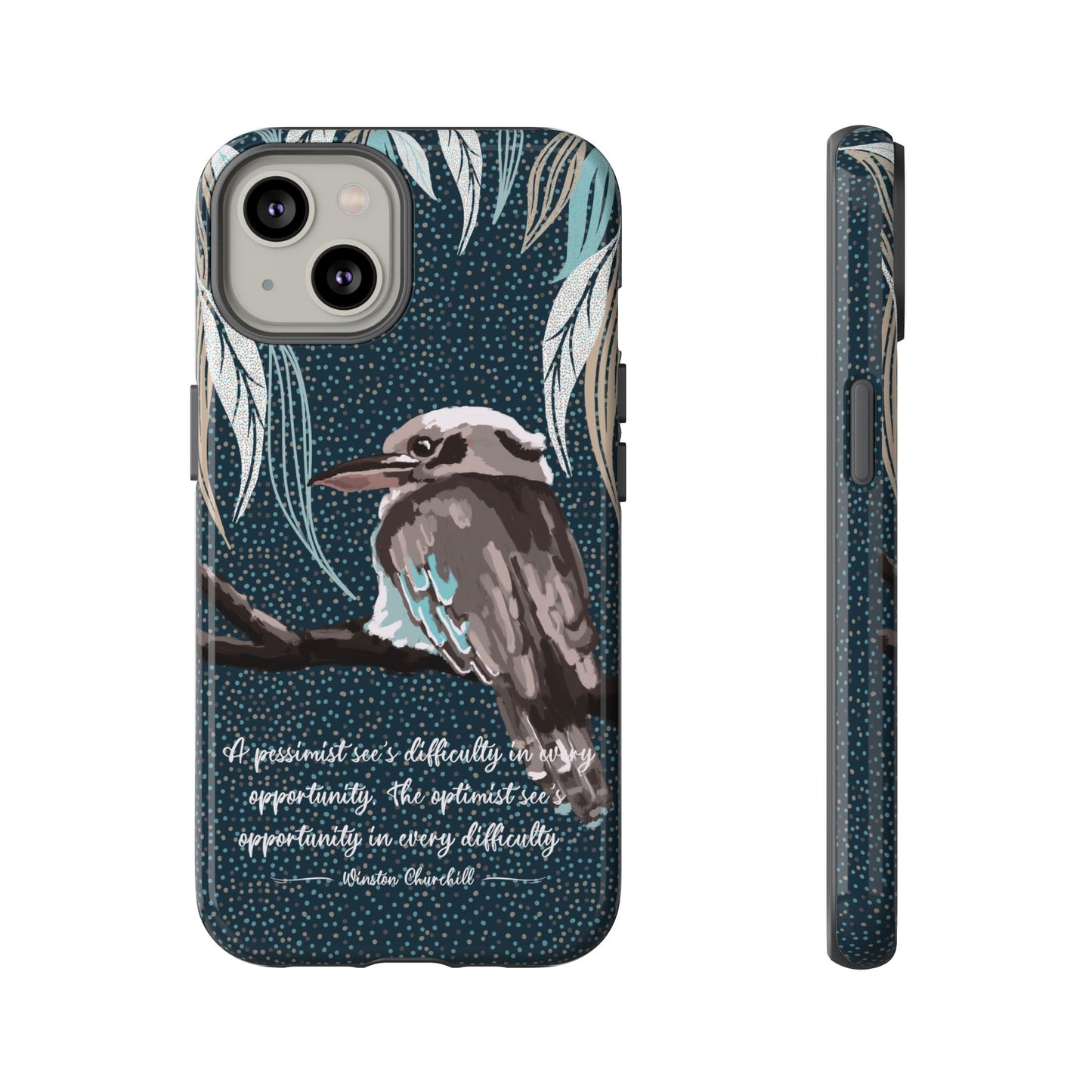 Phone tough case with hand drawn artwork and personalised text - Kookaburra design