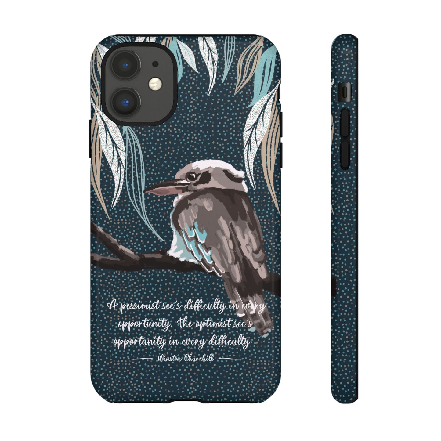 Phone tough case with hand drawn artwork and personalised text - Kookaburra design