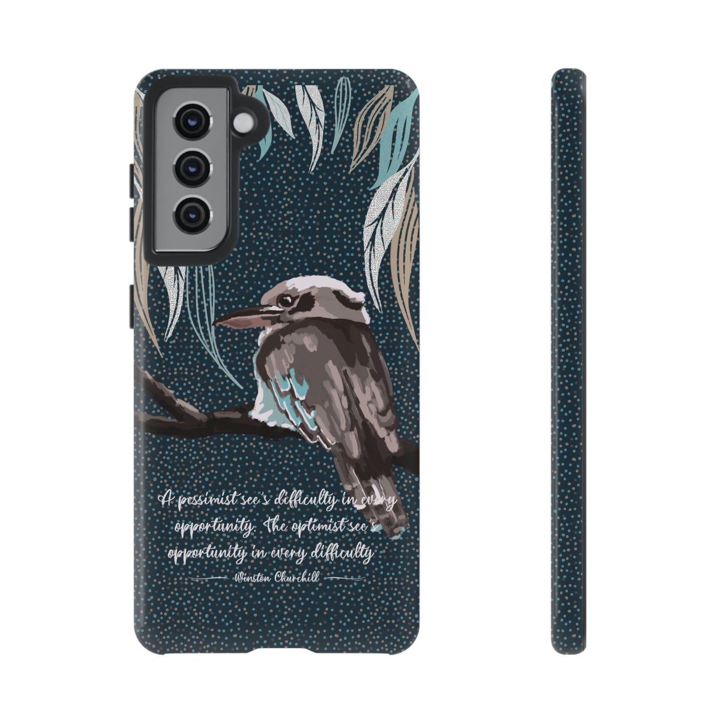 Phone tough case with hand drawn artwork and personalised text - Kookaburra design