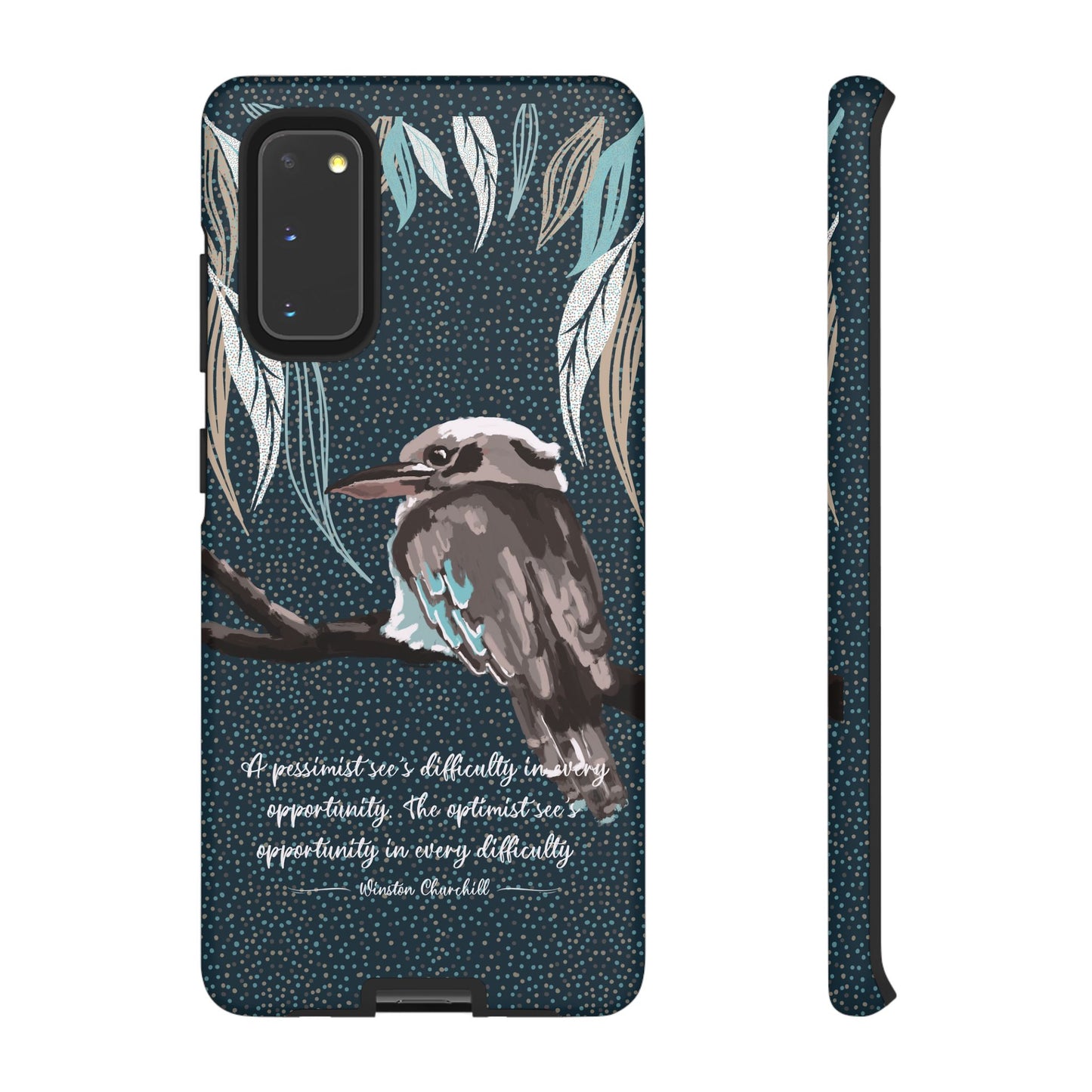 Phone tough case with hand drawn artwork and personalised text - Kookaburra design