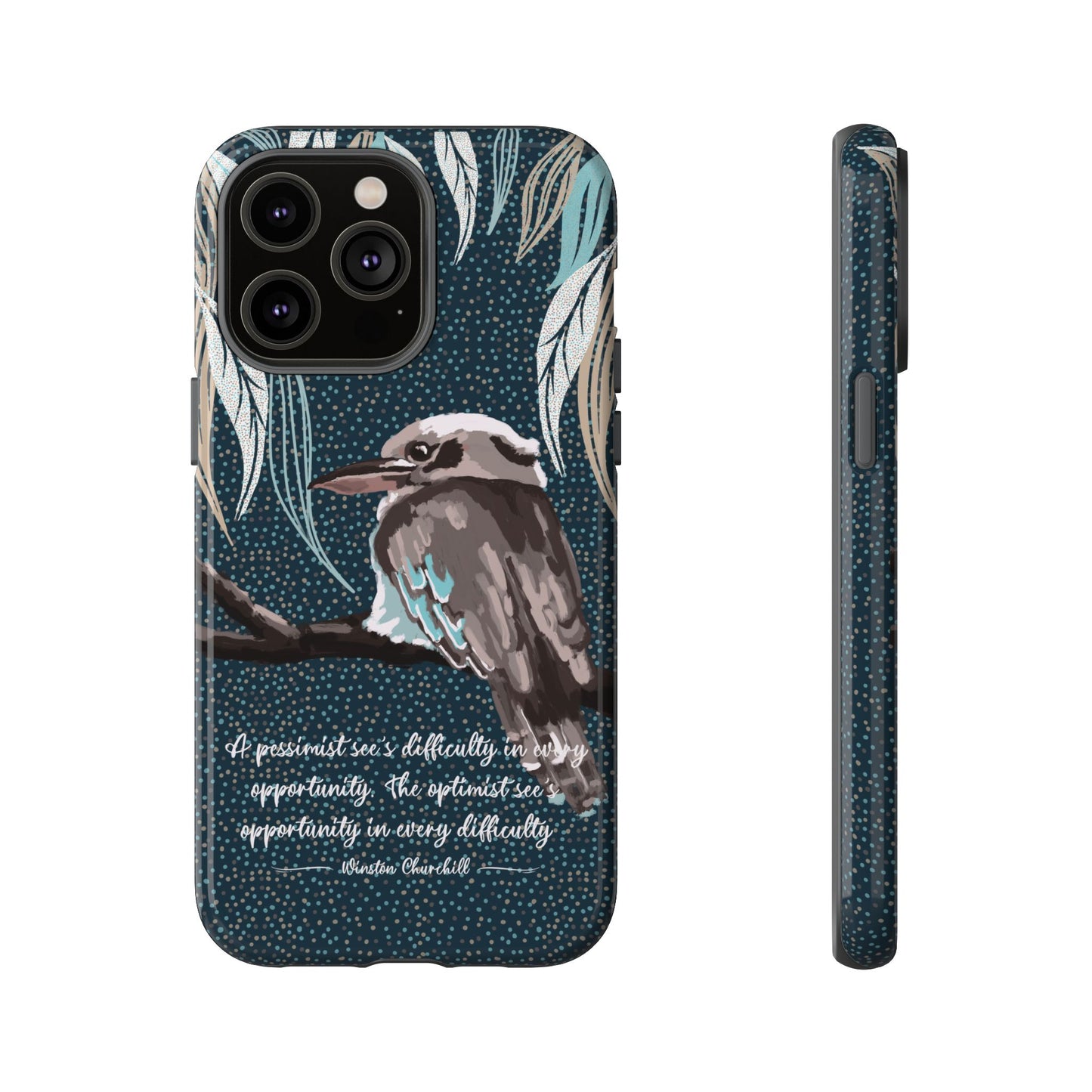 Phone tough case with hand drawn artwork and personalised text - Kookaburra design