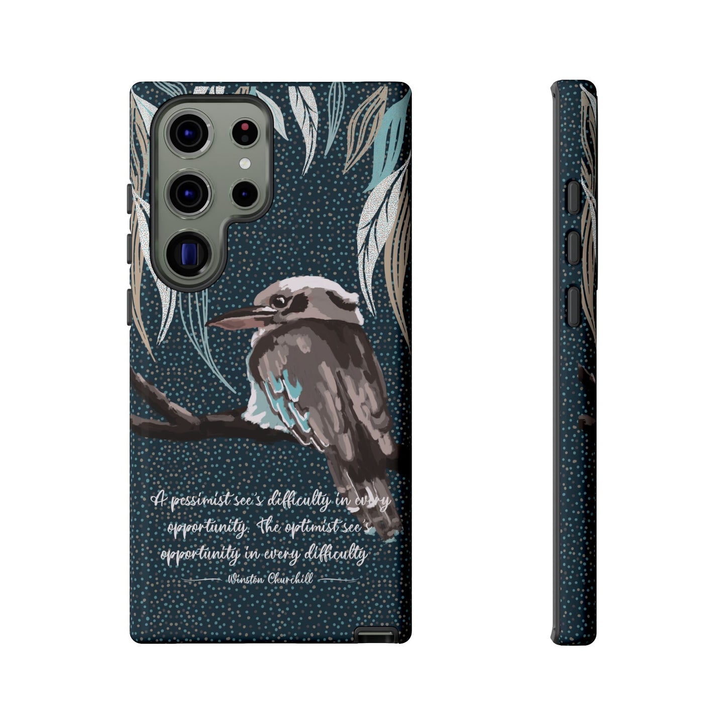 Phone tough case with hand drawn artwork and personalised text - Kookaburra design