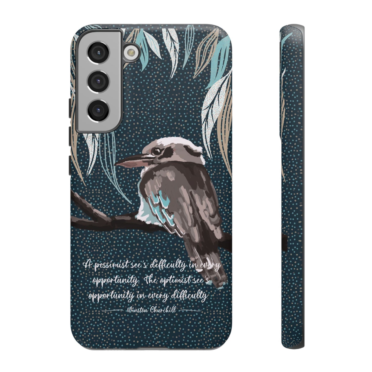 Phone tough case with hand drawn artwork and personalised text - Kookaburra design