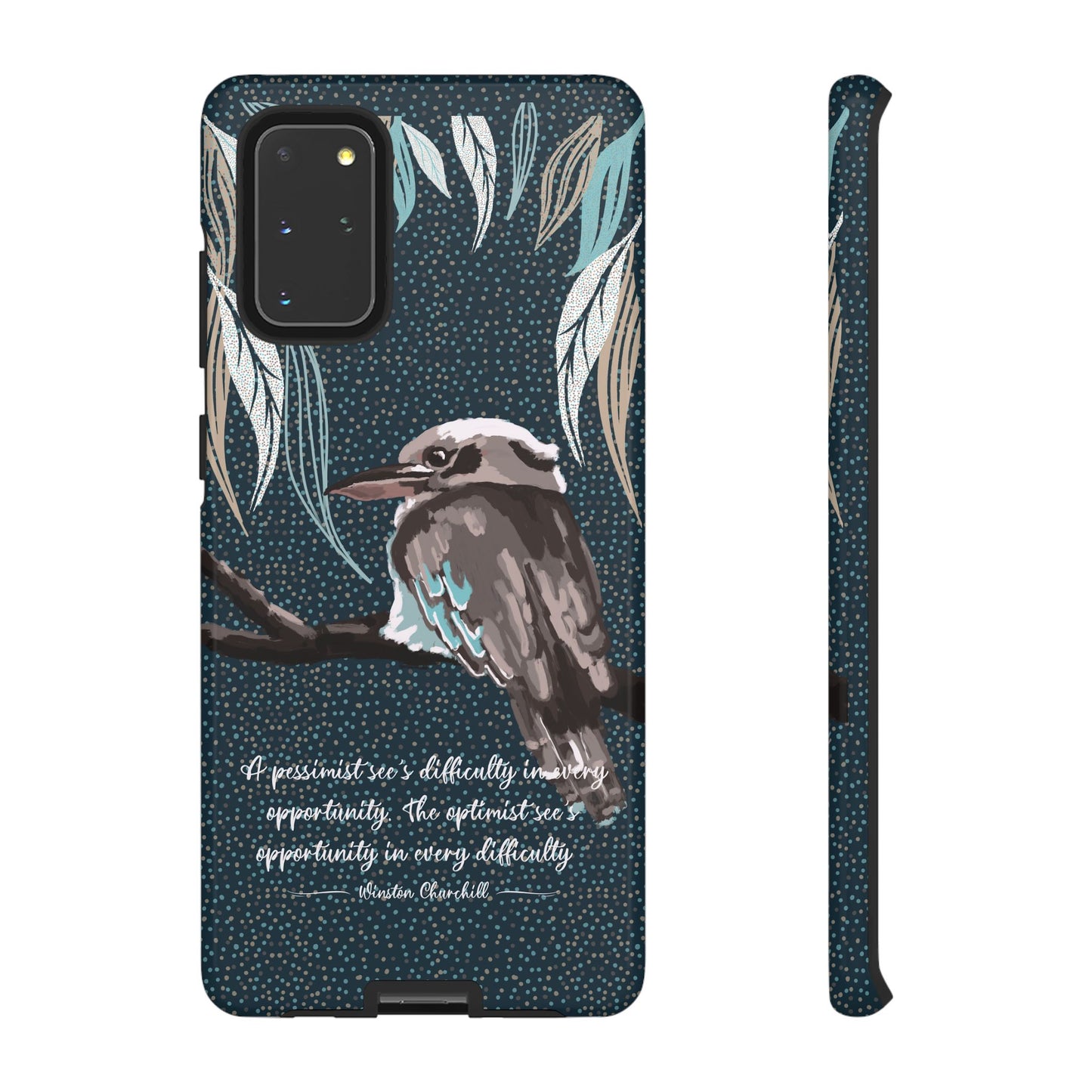 Phone tough case with hand drawn artwork and personalised text - Kookaburra design