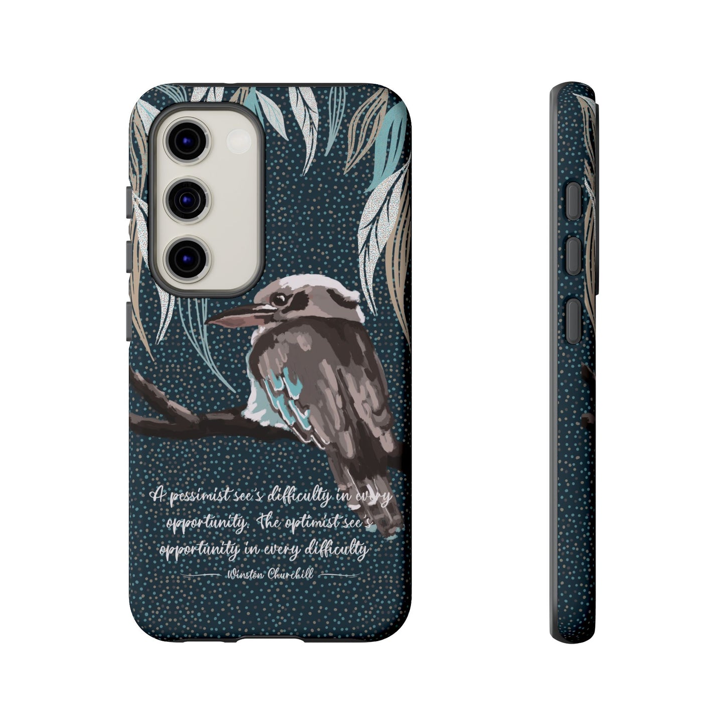 Phone tough case with hand drawn artwork and personalised text - Kookaburra design