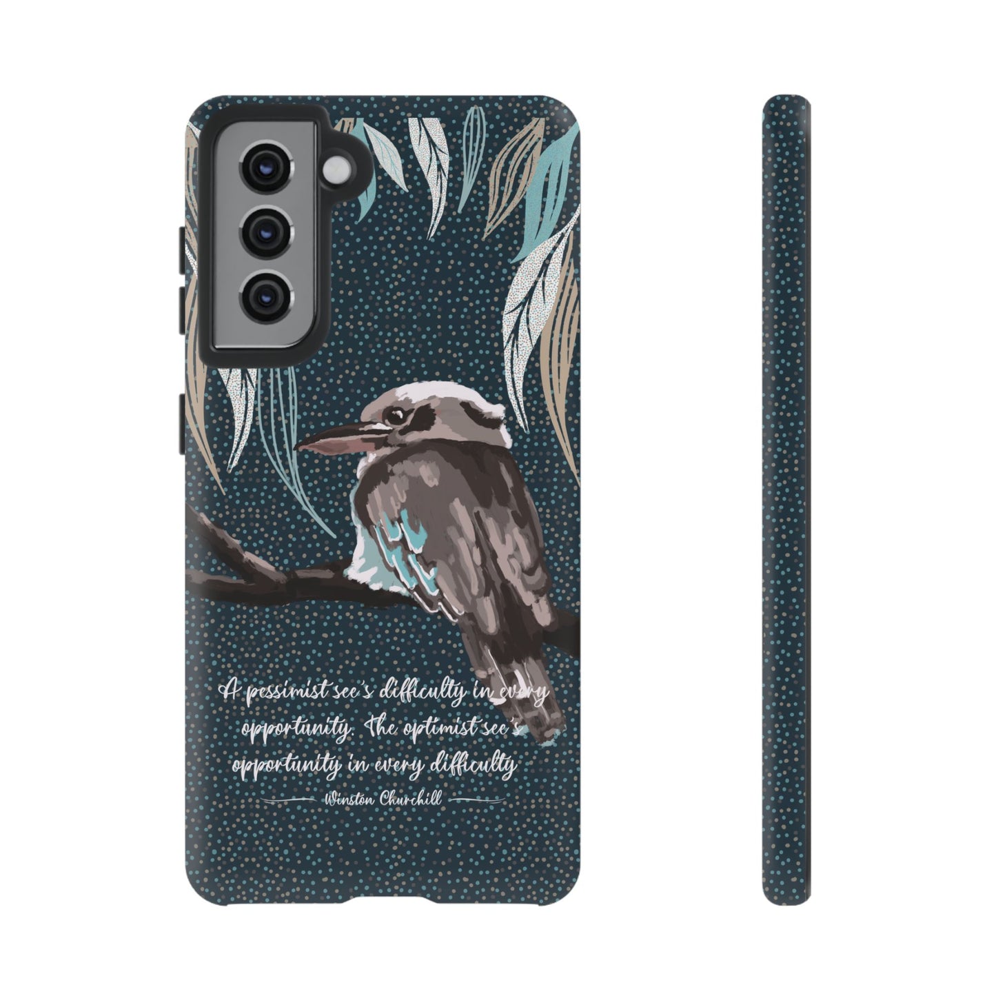 Phone tough case with hand drawn artwork and personalised text - Kookaburra design