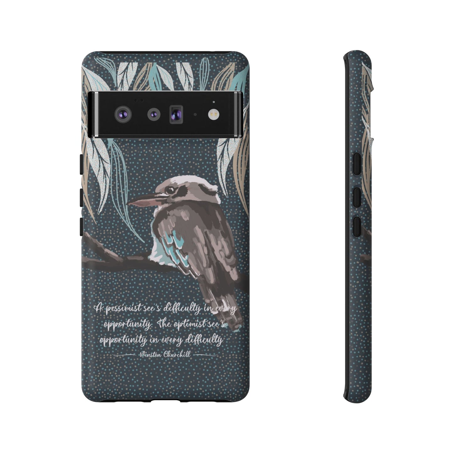 Phone tough case with hand drawn artwork and personalised text - Kookaburra design