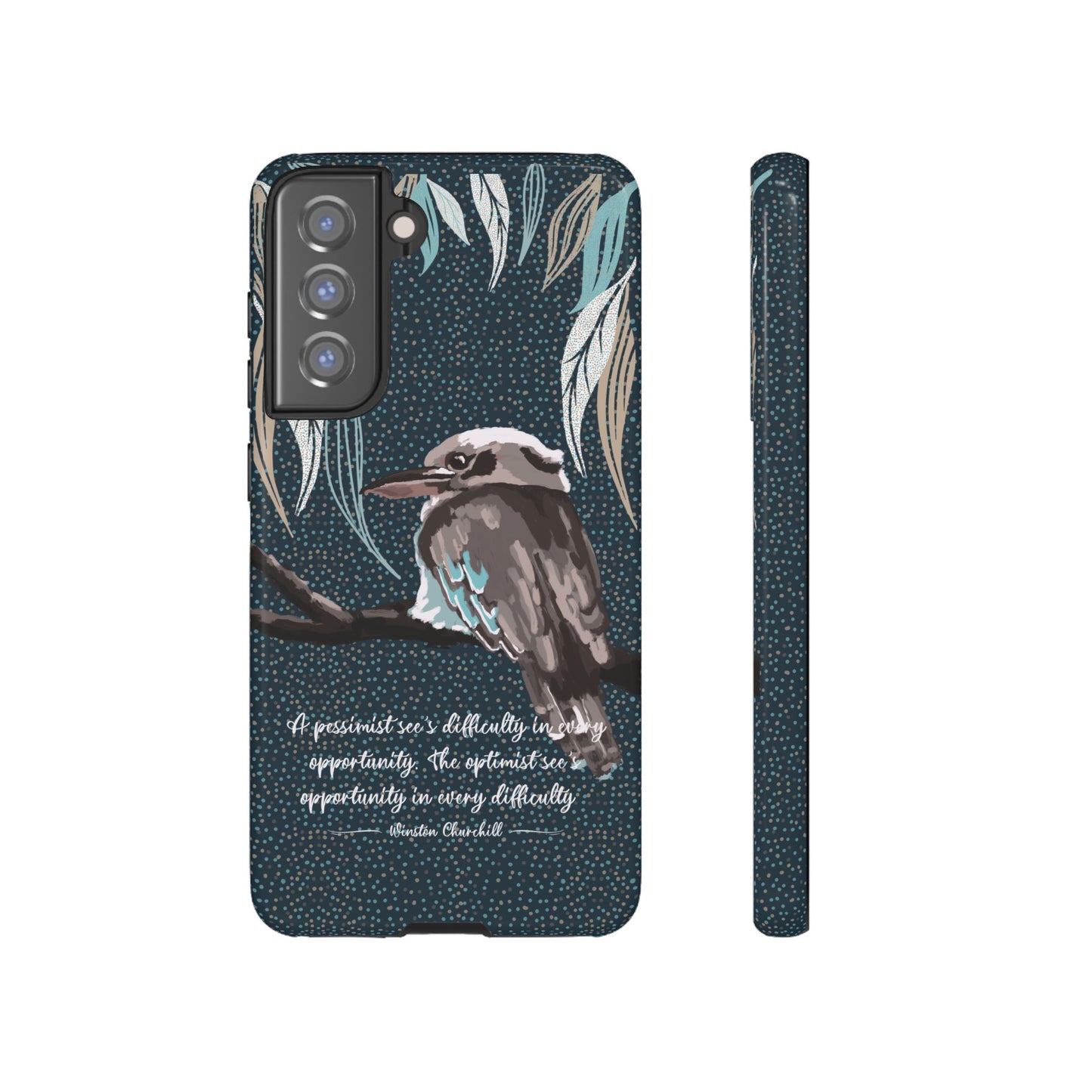 Phone tough case with hand drawn artwork and personalised text - Kookaburra design